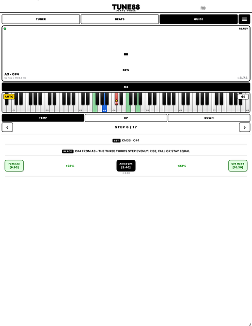 Tune88 guided tuning on iPad, at step 6 of 17