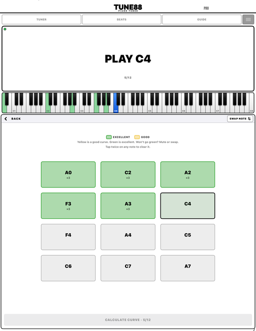 The measure grid on iPad: five notes banked green, C4 armed, all 88 keys above