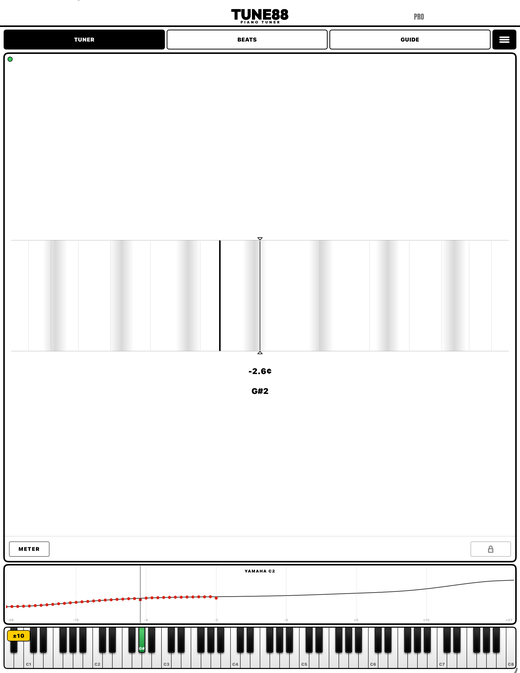 Tune88 on iPad: the meter, the solved curve and all 88 keys