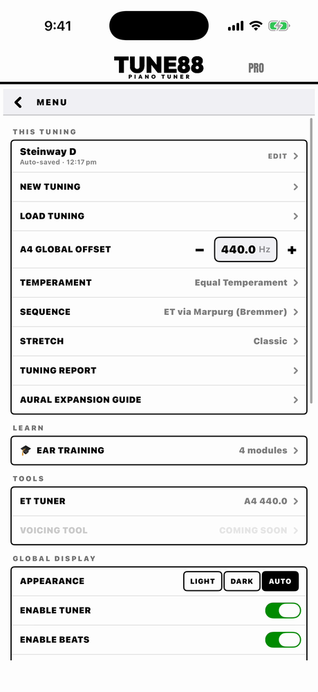 The menu: this tuning, tools, display and learn sections
